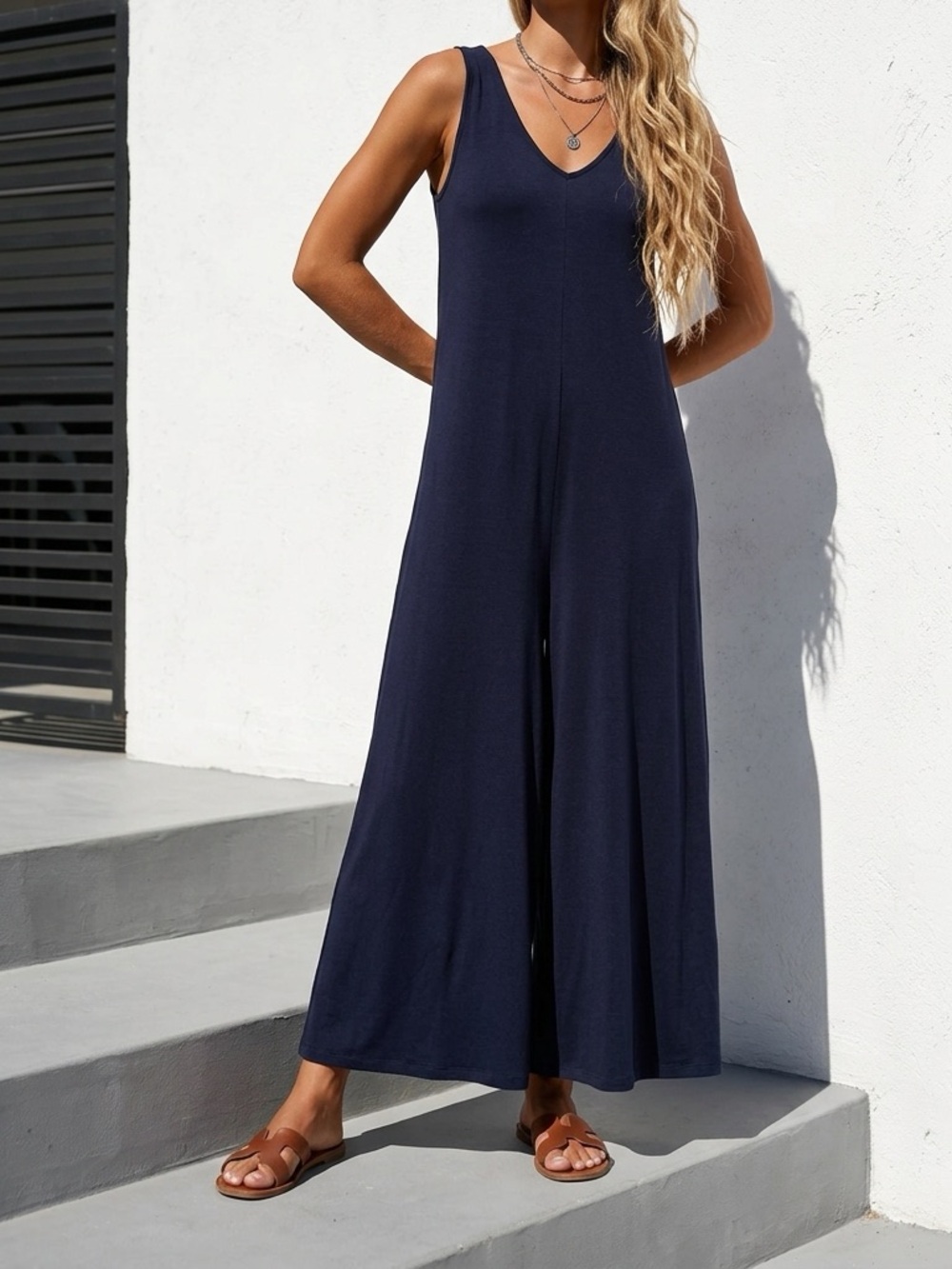 Lou & Grey Navy V-Neck Wide-Leg Romper Soft Sandwashed Jersey Loungewear Skandi